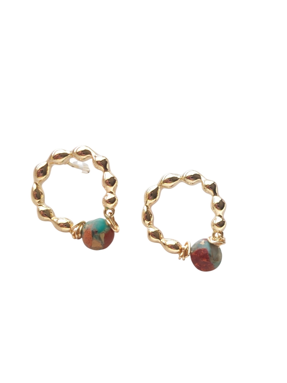 Gold Twisted Hoop Earrings with Turquoise & Coral Accent Beads
